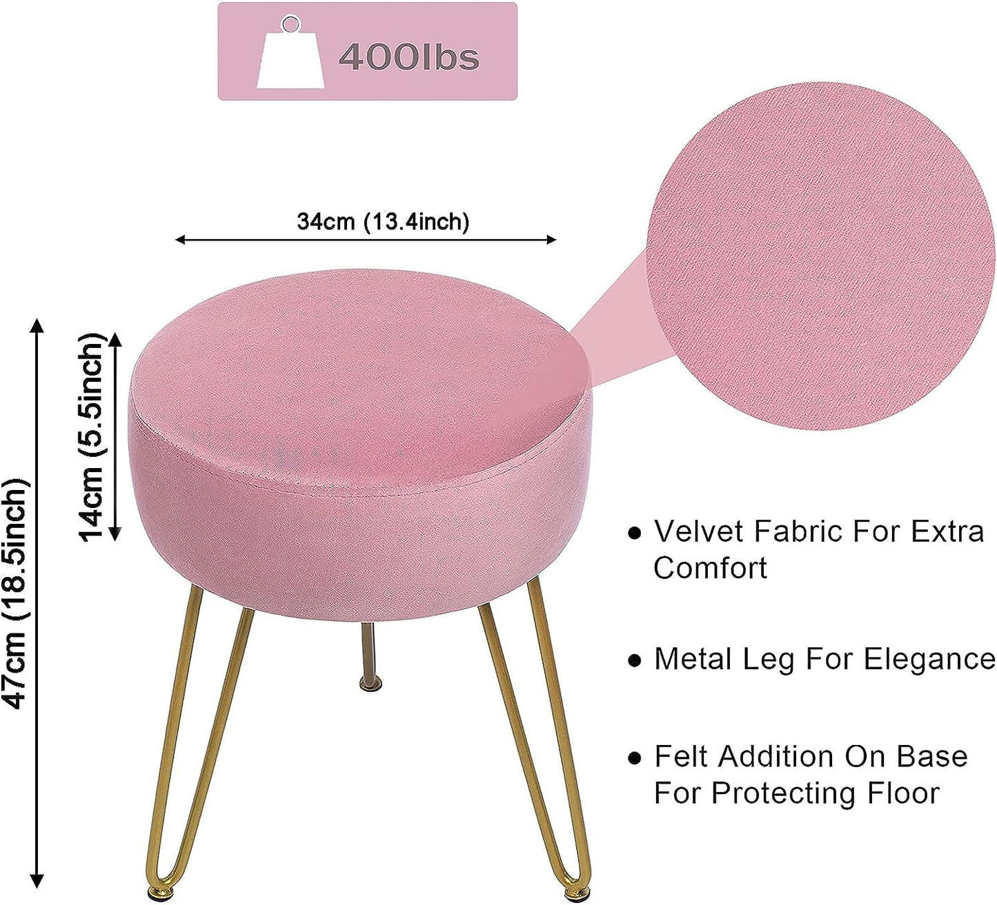 YOONIC Velvet Soft Modern Vanity Stool -Round Footrest Stool Ottoman Side Table Seat Dressing with Golden Metal Leg and Sponge Filling,Upholstered Foot Rest, for Living Room and Bedroom Pink