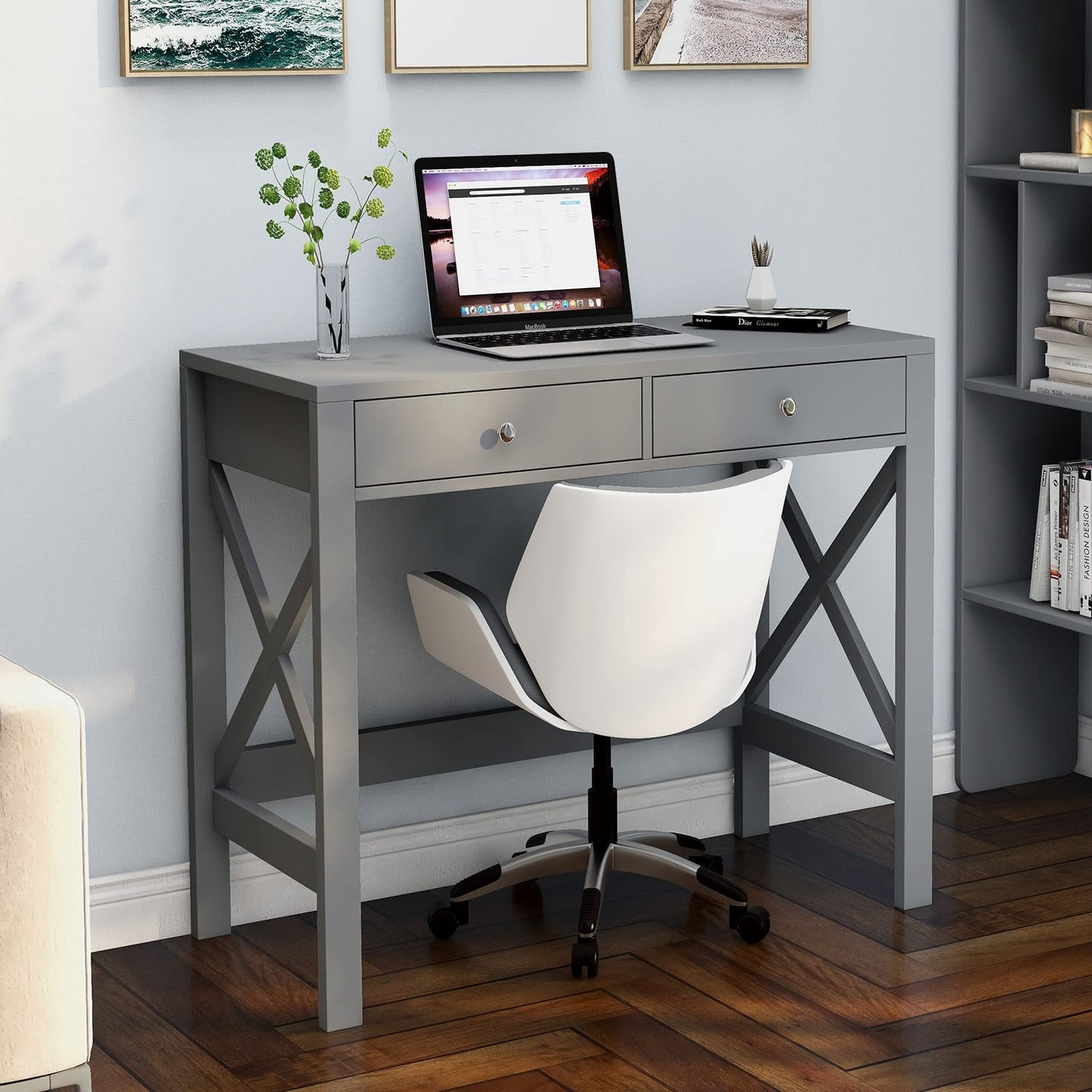 ChooChoo Computer Desk Study for Home Office, Modern Simple 40 Inches Desk with Drawers, Makeup Vanity Console Table, Grey