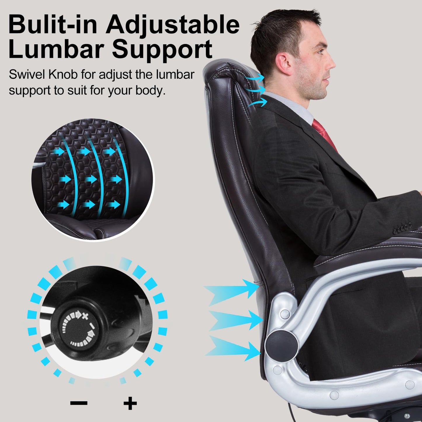 ZLHECTO® Big and Tall Executive Office Chair, PU Leather Swivel Desk Chair with Flip-up Arms, Adjustable Lumbar Support, Space-Saving Height Adjustable Rolling Computer Chair for Home & Office Use