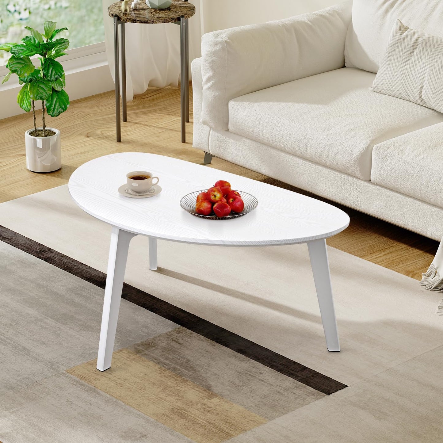 White Oval Coffee Table for Small Space,Mid Century Modern Coffee Table for Living Room, Bedroom 19" D x 34" W x 16" H