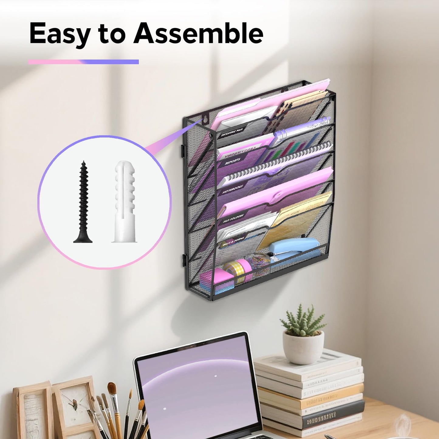 SUPEASY 6 Tier Wall File Organizer with Base, Vertical Hanging File Organizer, Wall Mounted File Holder for Mail, Documents & Folders, Metal Mesh Wall Organizer for Office Home School Classroom, Black