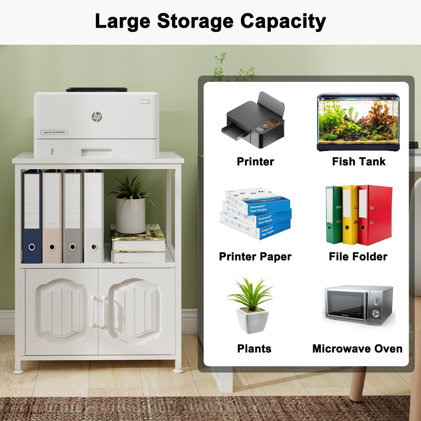 Natwind 3 Tier Printer Stand with File Cabinet, Vertical Filling Cabinet with Open Shelves, Decorative Wood Printer Shelf with Storage for Home Office, White
