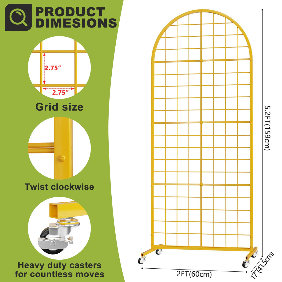 VGMiu Grid Wall Panel 1PCS Display Stand 2' x 5.2' FT Gold Grid Wall Panels Movable Retail Display Racks Floorstanding Gridwall Heavy Duty with Wheel for Art Craft Photo Displays Fair Trade Show