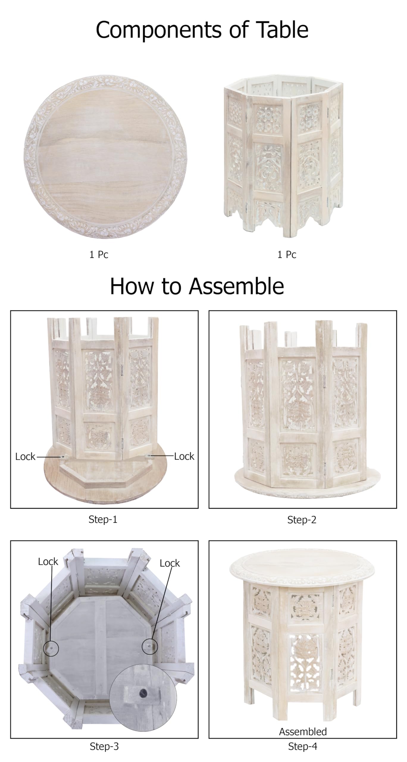 COTTON CRAFT Solid Wood End Table - Hand Carved Vintage Boho Folding Accent Side Table - Small Spaces - Entryway Farmhouse Living Room Bedside - No Tools Assembly - 18x18 Round - White Wash