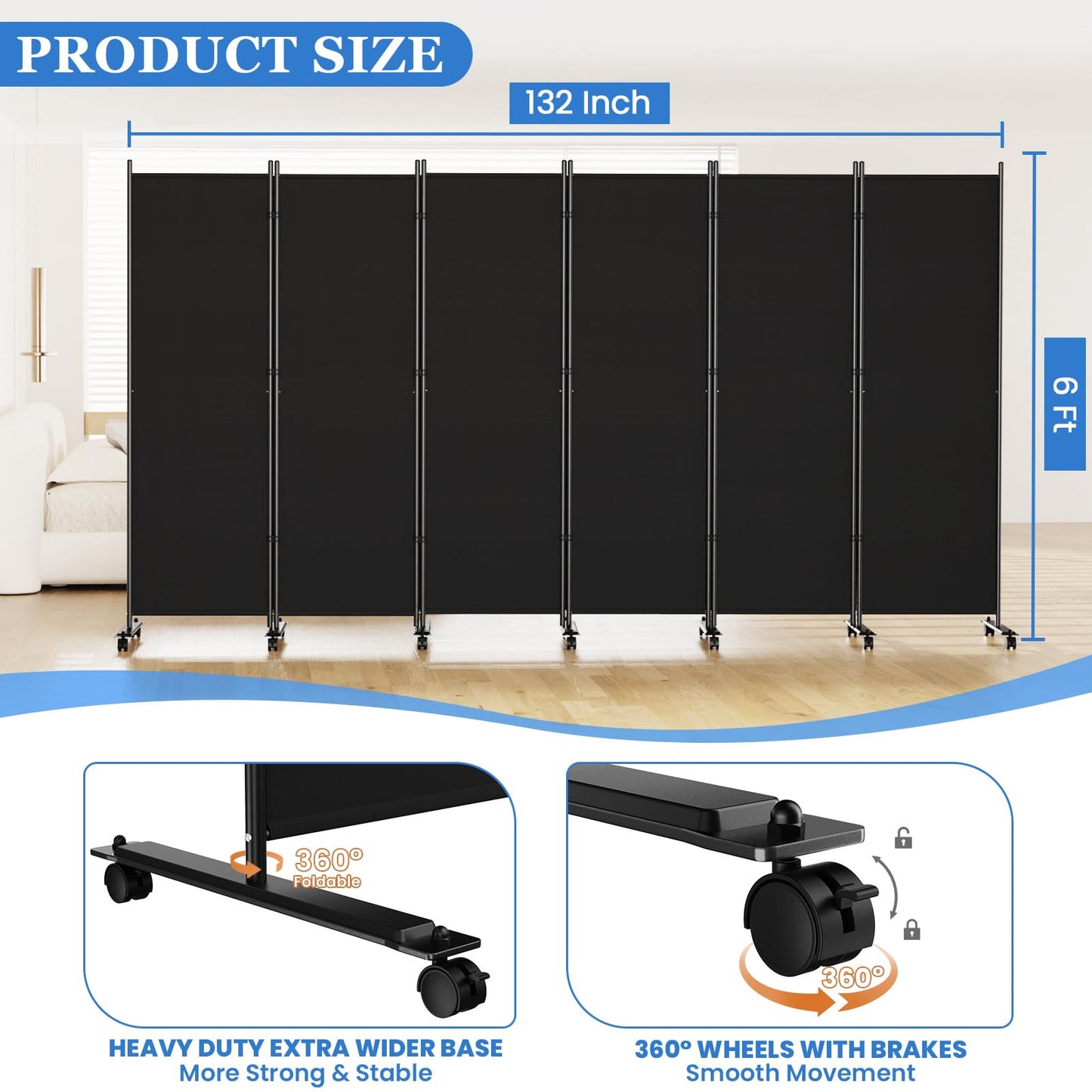 SUNALLY Room Divider 6FT Folding Privacy Screens with Lockable Wheels, 6 Panel Room Partition for Room Separator, 132" W Freestanding Portable Fabric Wall Dividers for Home Dorm Studio Office, Black