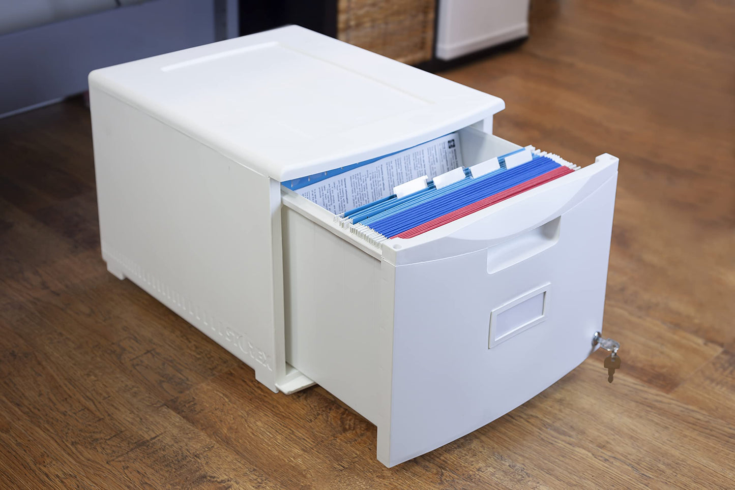 Storex Plastic One-Drawer File Cabinet – Locking Document Organizer for Home and Office, White, 1-Pack (61271B01C)
