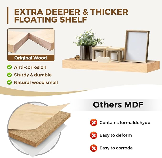 24x8x1.6 inch Floating Shelves Set of 2 – Solid Wood Rustic Wood Wall Mounted