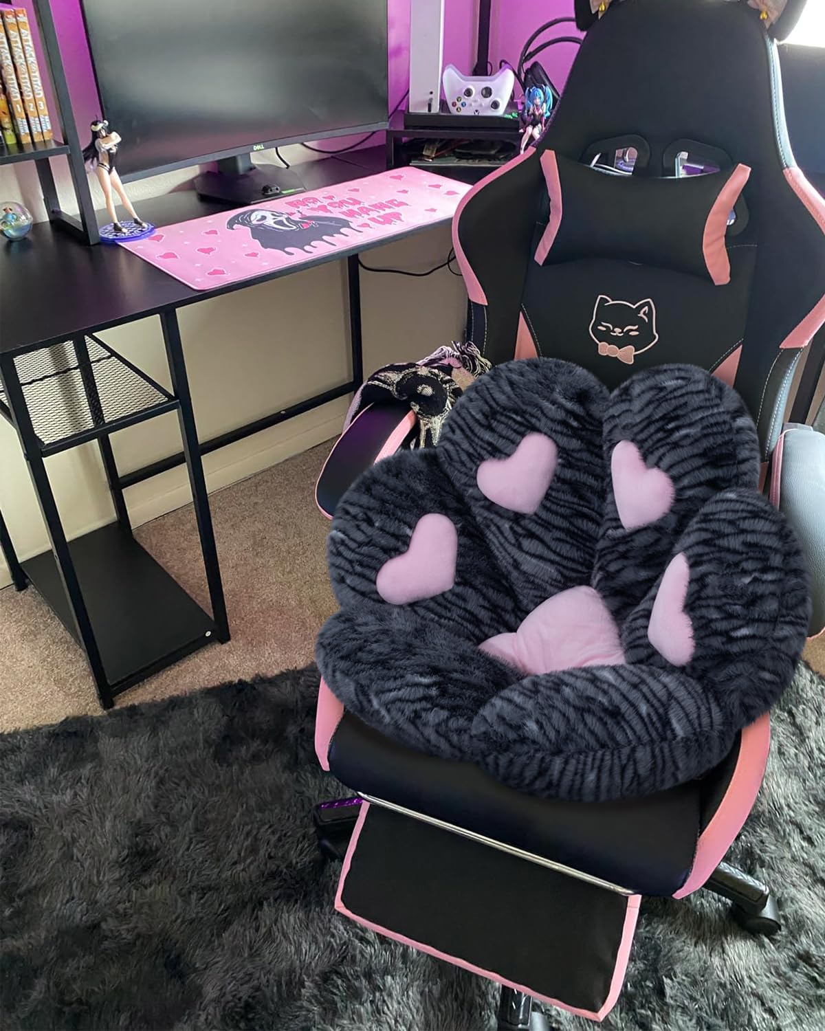 MOONBEEKI Cat Paw Cushion Chair Comfy Kawaii Plush Seat Cushions Shape Lazy Pillow for Gamer Chair 28"x 24" Cozy Floor Cute Seat Kawaii for Girl Worker Gift, Dining Room Bedroom Decorate （Black Silve）