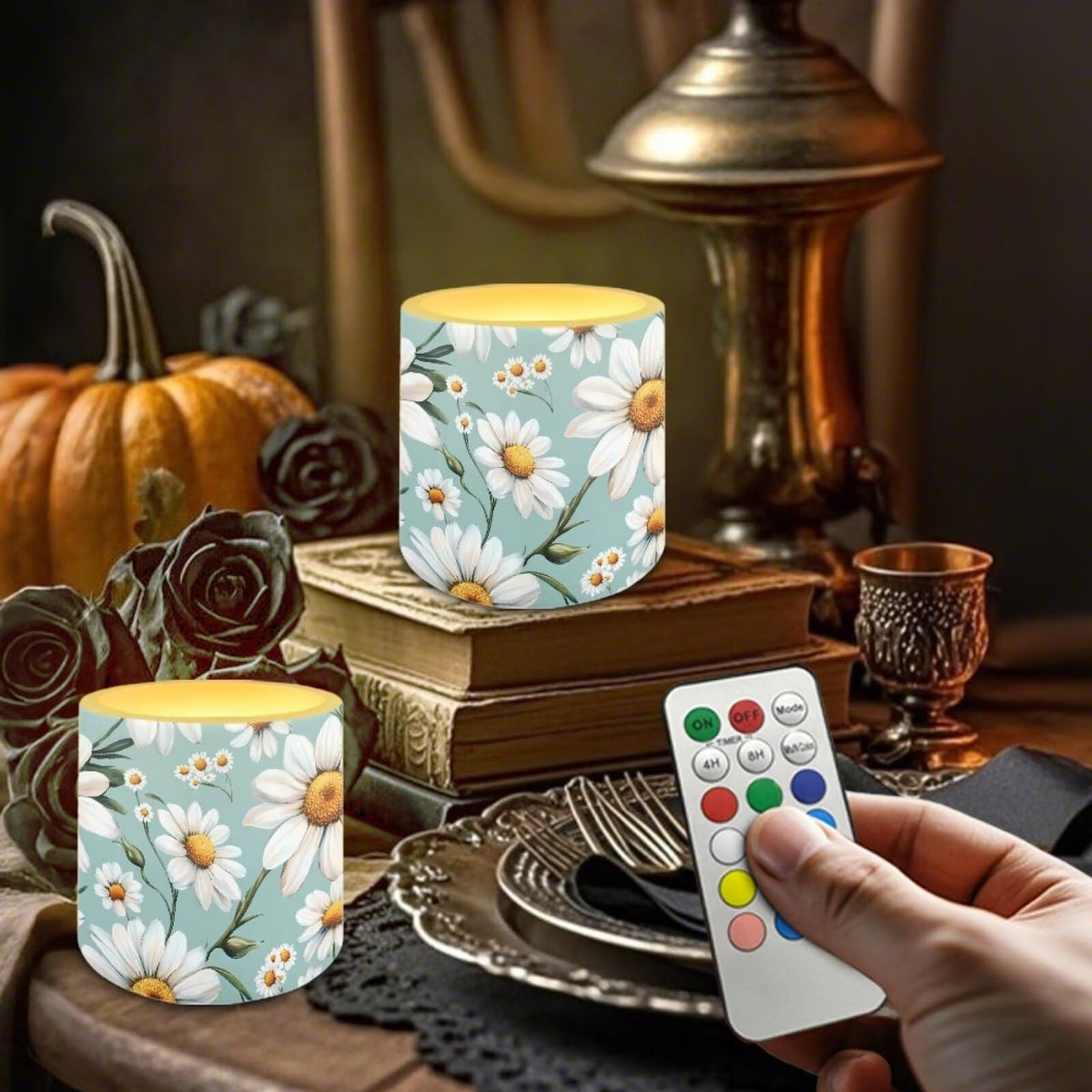 Cozeyat Daisy Garden LED Candles Set of 4 Battery Powered Flameless with Remote Timer Dancing Flame Waterproof for Home Beach Table Decoration