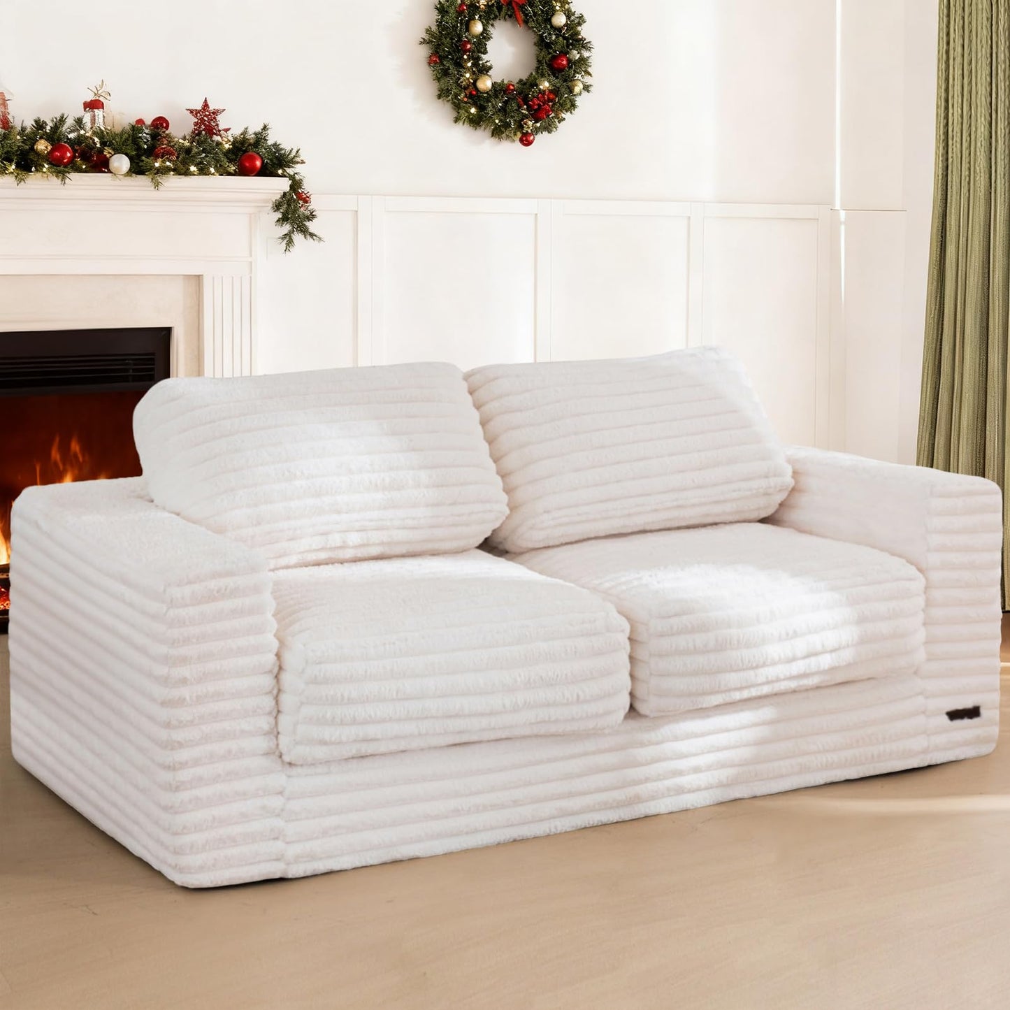 MAXYOYO Bean Bag Chair for Adults, Upholstered Loveseat Floor Sofa with Pillows and Armrests, Large Bean Bag Sofa Plush Couch for Bedroom Living Room, White