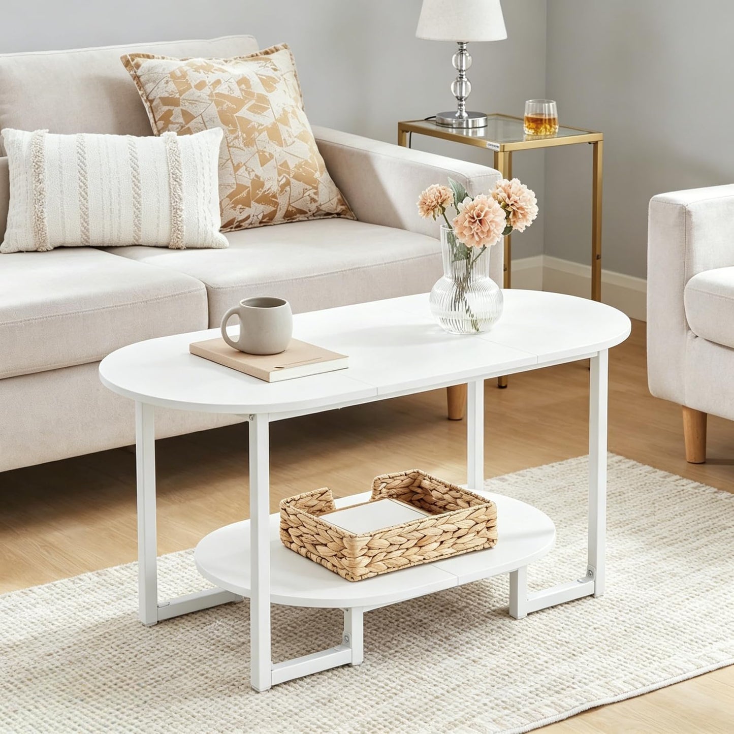 HOOBRO Coffee Table for Living Room, Oval Small Coffee Table with 2-Tier Open Storage Shelf, Industrial Cocktail Tea Table, Wooden Desktop Center Table, Farmhouse, Home Office, White WW09KF01