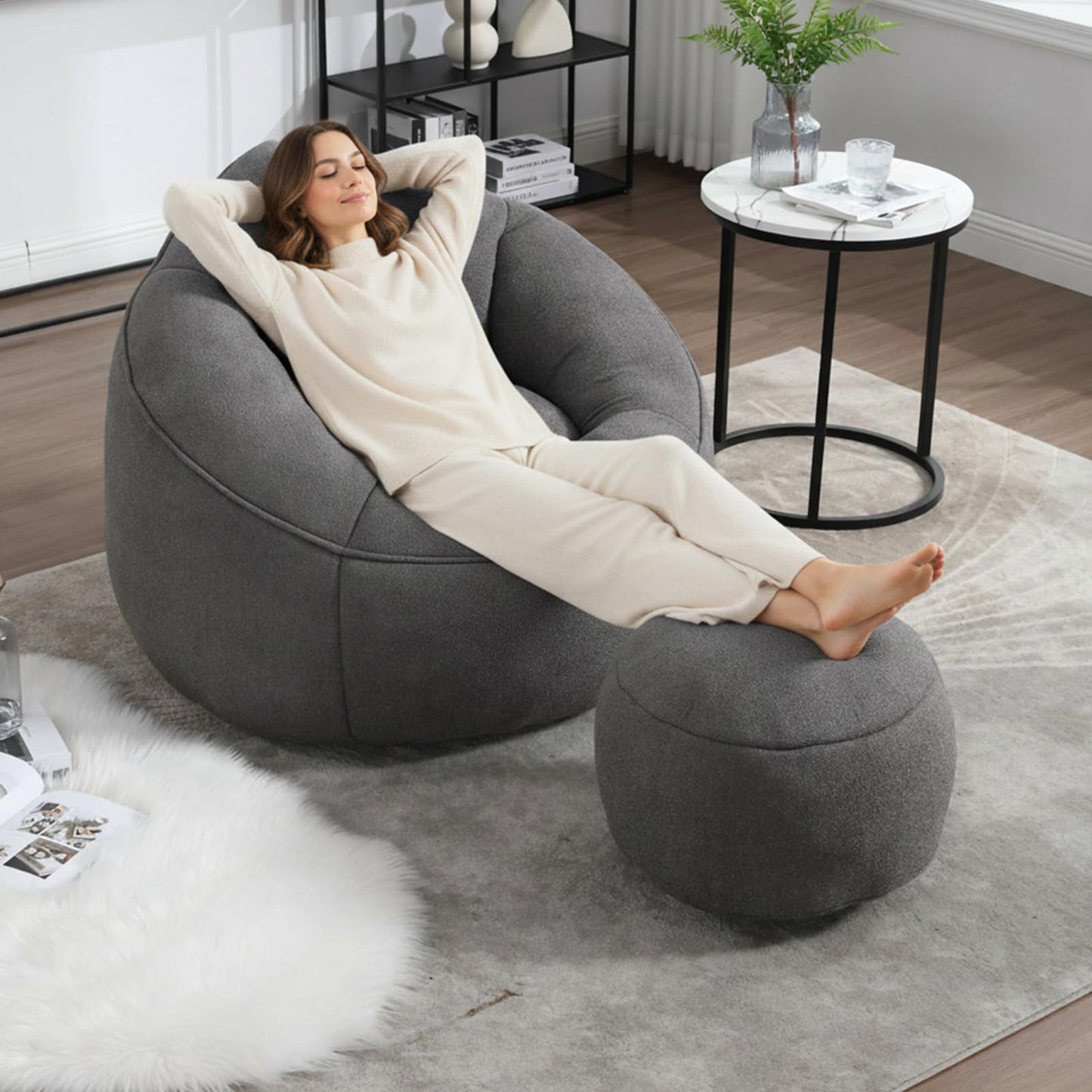 MEIGUGAO Bean Bag Chairs, Gaint Bean Bag Couch with Memory Foam for Adults and Kids, Microfiber Upholstered Sofa with Ottoman, Comfy Lazy Bean Bag Reading Chair for Living Room