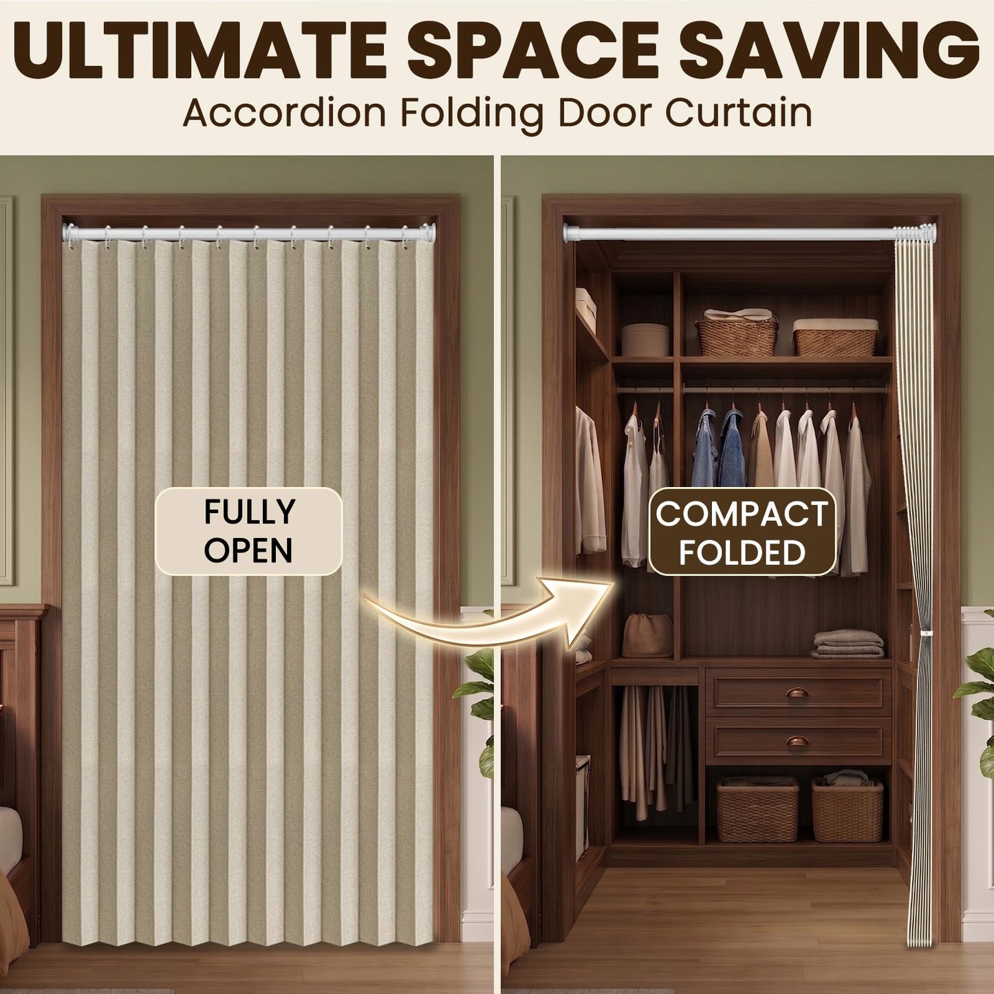 AJAZZ 100% Blackout Folding Door Accordion Door Closet Doors Curtain Invisible Applicable Bedroom Room Living Room Doorway （Cream Yellow 72" W x 78" L 1 Panel
