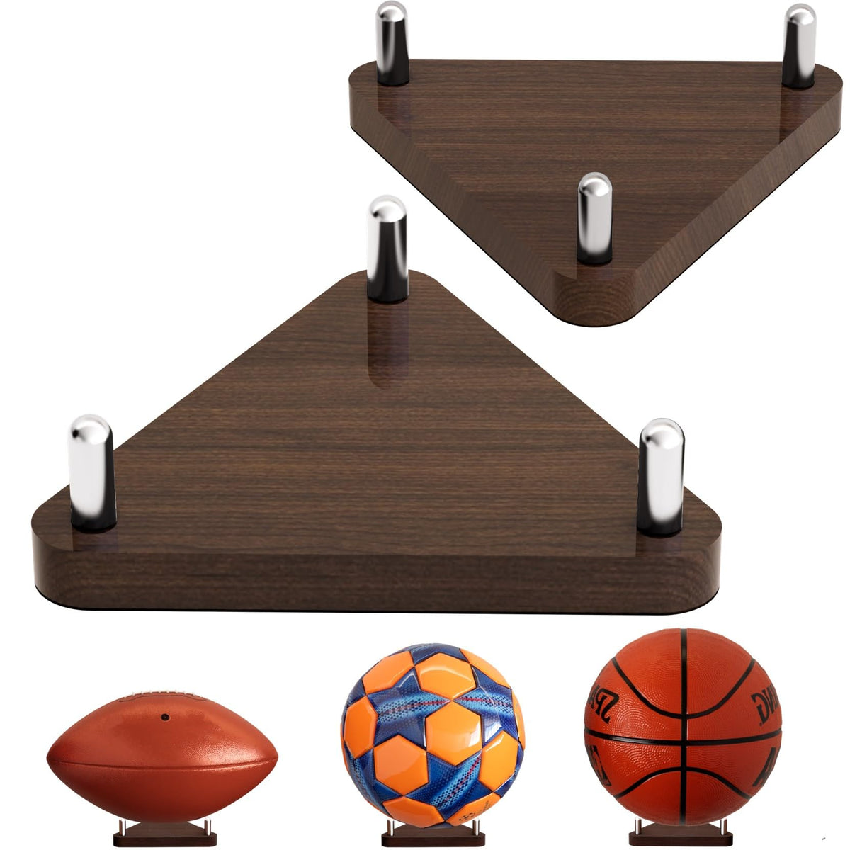 Happyseason 2 Pack Wood Football Display Stand, Triangular Ball Holder for American Football, Basketball & Soccer, Desktop Sports Memorabilia Display Rack for Autographed Balls, Easy Assembly