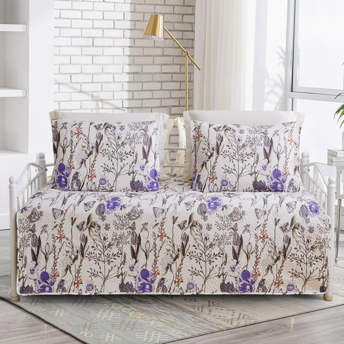 Jarson 3 Pcs Floral Daybed Cover Set Twin Size Butterfly Tulip Flower Sofa Cover Bedding Sets Double Side Bed Set for All Season Botanical Pattern Daybed Quilt Set with Pillow Shams