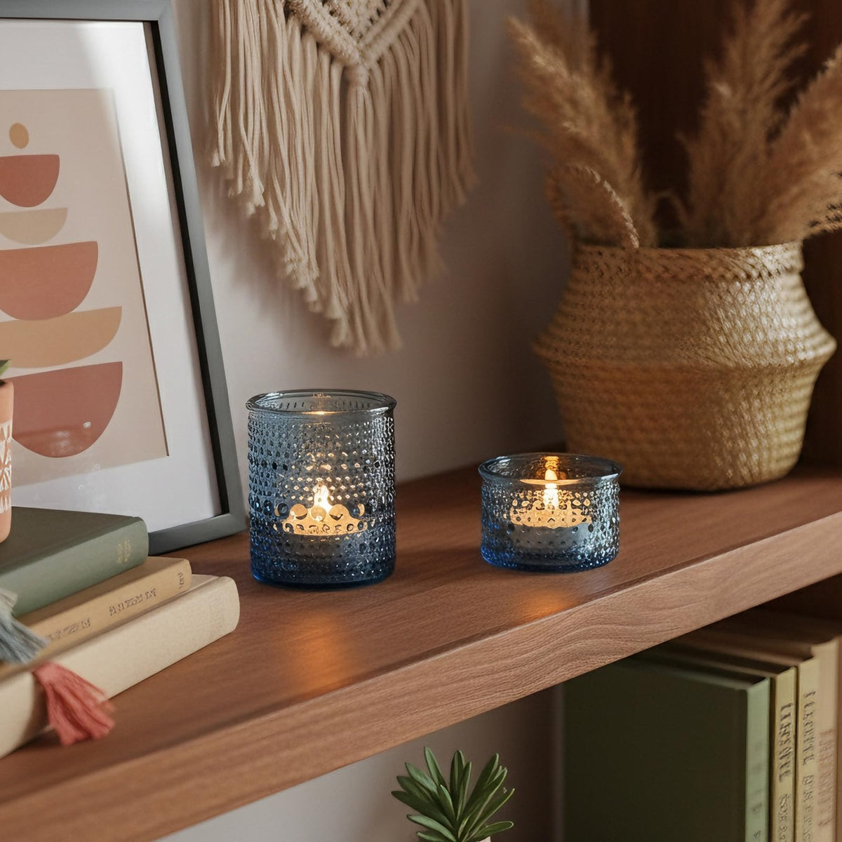 NITIME Blue Glass Votive Candle Holders Set of 24, Assorted Heights Polka Dot Tealight Candle Holders for Table Centerpiece, Blue Candle Holder Decor for Wedding, Baby Shower Party & Spa