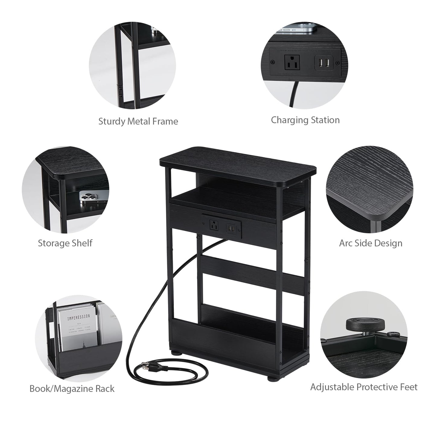 YEAKOO Narrow Side Table with Charging Station, 3-Tier End Table with 2 USB Ports & Power Outlets,Thin Sofa Side Table for Narrow and Small Spaces, Bedside Table Nightstand for Living Room,Black