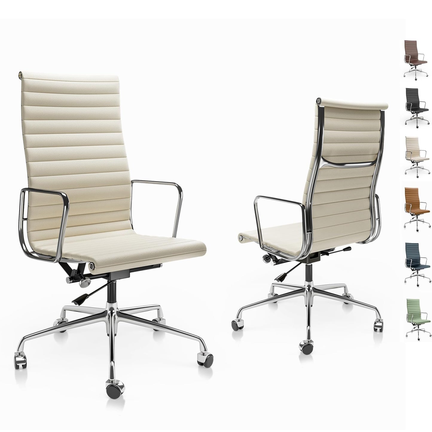 Ribbed Office Chair with Top Grain Leather - High Back Ergonomic Desk Chair with Aluminum Arms & Frame, Swivel Wheels & Tilt Function, Adjustable Height