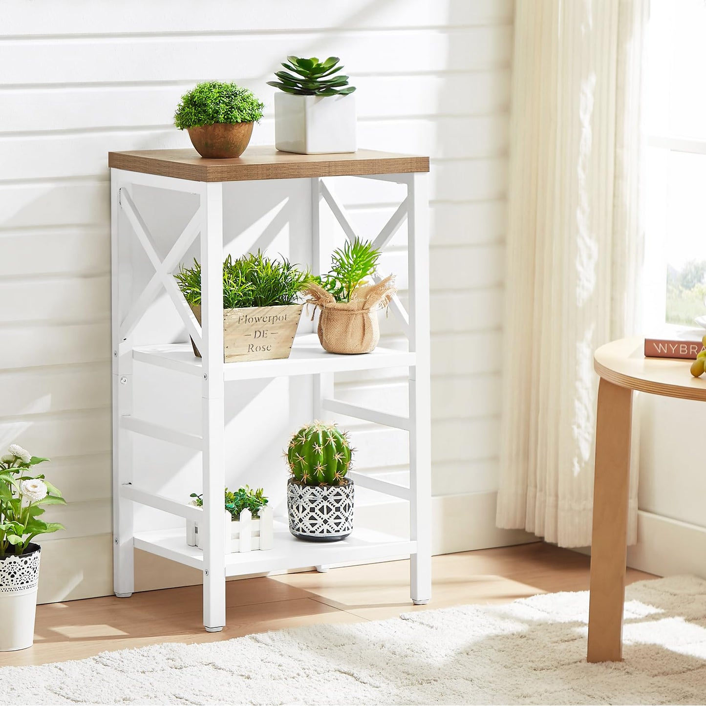MNEETRUNG Small Bookshelf,3 Tier Industrial Bookcase with Metal Frame and Backboard,Low White Book Shelf,Book case for Small Spaces,Living Room,Bedroom and Home Office