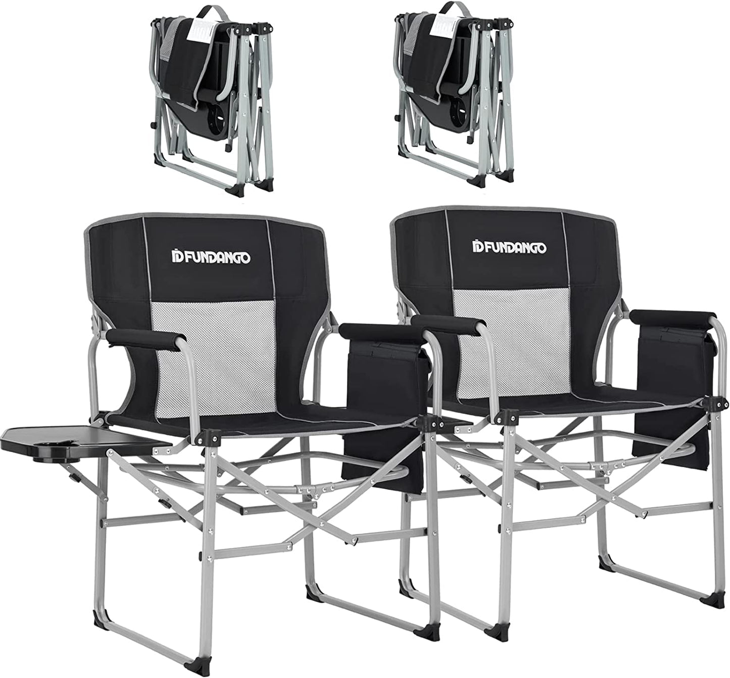 FUNDANGO Camping Chair with Side Table (2 Pack), Folding Lawn Director Chair with Side Bags, Portable Chair for Beach Fishing Picnic Lawn Outdoor