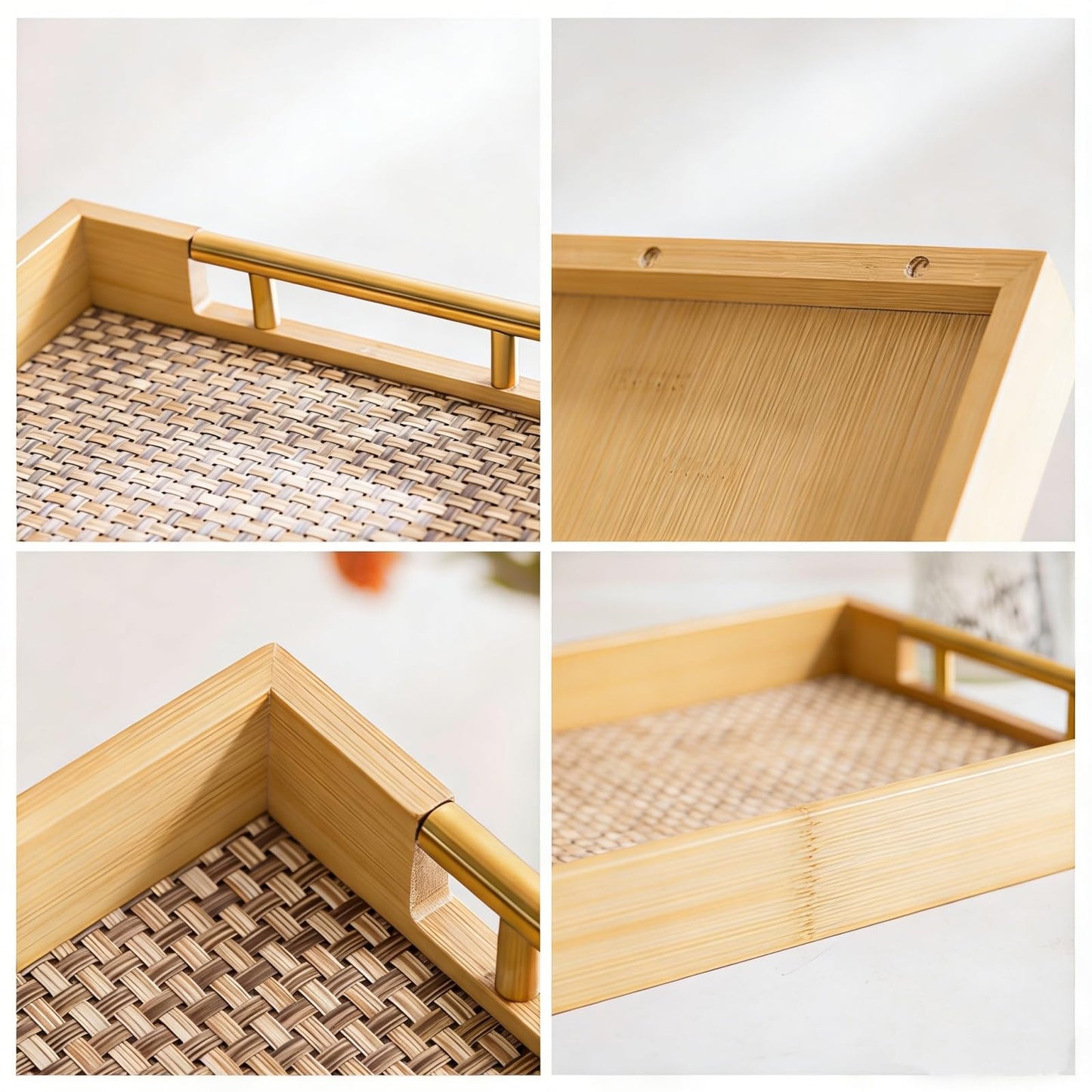 17.7x12in Bamboo Trays with Metal Handles Suitable for Bamboo Tray for Bathroom Coffee Tables Breakfast Dinner Kitchen Barbecue Ottoman Storage Tray