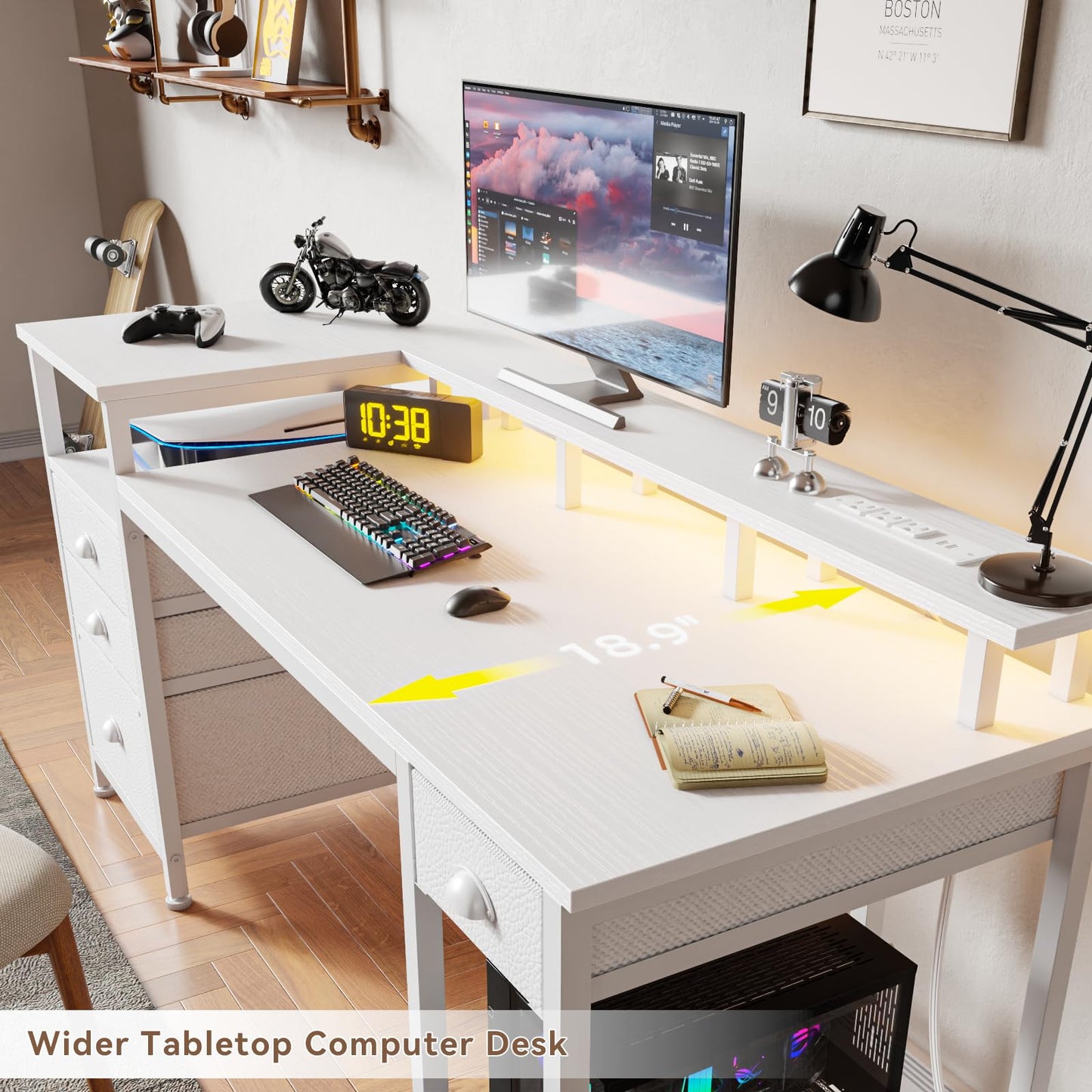Furologee 60" White Office Computer Desk with 4 Drawers,Gaming Desk with LED Lights and Power Outlets,Long Desk with Fabric File Cabinet,Study Writing Work Table with Shelf for Bedroom Home Office