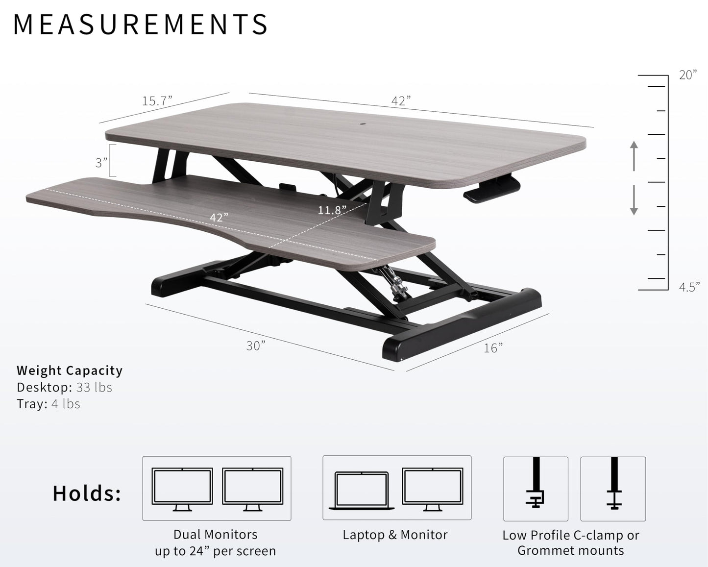 VIVO 42 inch Desk Converter, K Series, Height Adjustable Sit to Stand Riser, Dual Monitor and Laptop Workstation with Wide Keyboard Tray, Gray Top, Black Frame, DESK-V042KG
