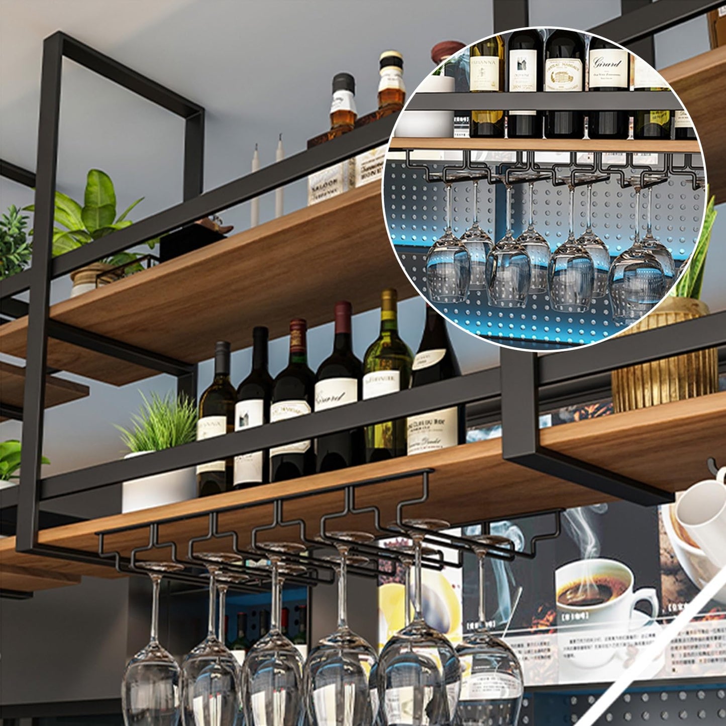 GFRWKCEX Ceiling Shelves Hanging Wine Racks Upside Down Wine Glass Holder Plant Flower Pot Stand Metal Organizer Shelves for Bar Cafe Restaurant(100x30x80cm)
