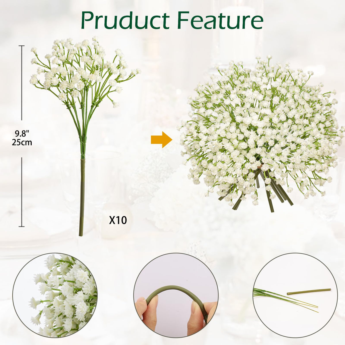 Baby's Breath Artificial Flowers Bulk 10 Pack (30pcs) Faux Baby Breath Plastic Flower Fake Gypsophila Flower Arrangement for Crafts Fake Flowers Bouquet for Wedding Centerpieces Cream Baby Breath