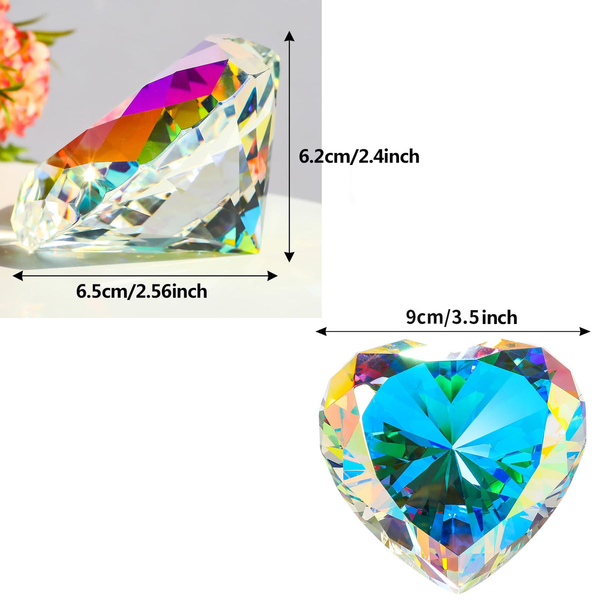 SWTHONY 90mm Crystal Diamond Paperweight Heart Shaped Glass Gems Big Fake Diamonds Paper Weights for Women Desk Wedding Centerpiece AB-Coated