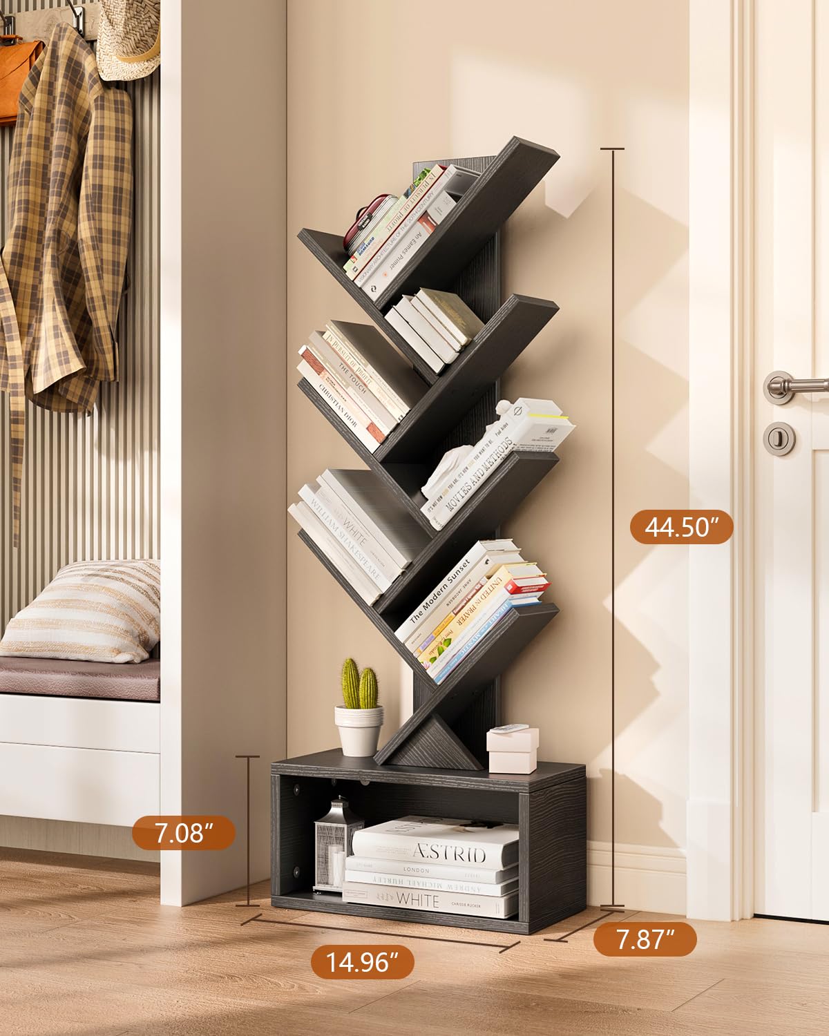 Evermagin 6 Tier Tree Bookshelf with Lights, LED Book Tree Bookcase with Storage Organizer, Small Corner Bookshelf Floor Standing Book Shelf for Living Room, Bedroom & Home Office, Black