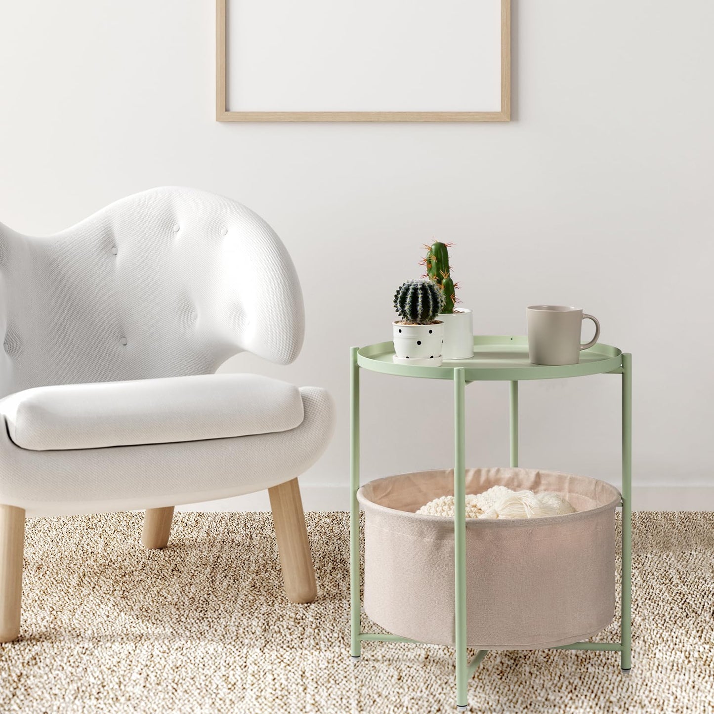 danpinera Round Side Table with Fabric Storage Basket, Metal Side Table Small Bedside Nightstand with Removable Tray Top for Living Room, Bedroom, Nursery, Laundry, Light Green