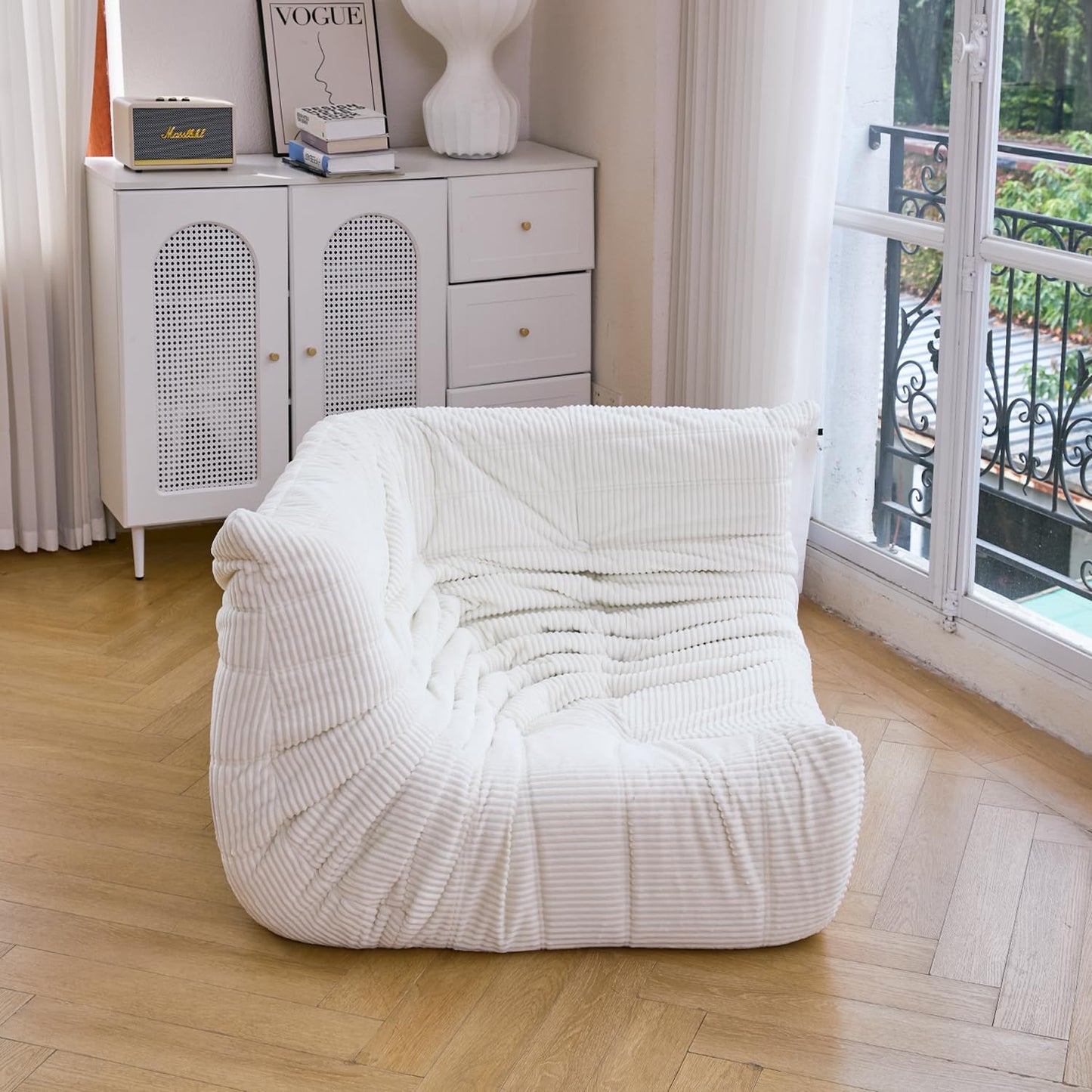 N&V Fireside Corner Sofa, Mid Century Armless Floor Lounge Chair, Soft Premium Corduroy, Foam Accent Chair for Living Room, Bedroom and Office (Ivory)
