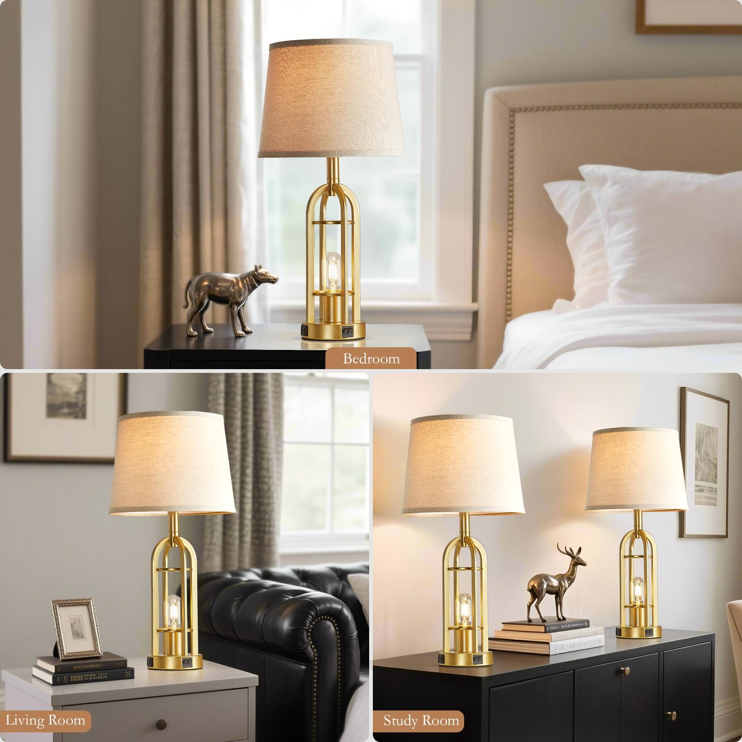 SRJJA Gold Table Lamps for Living Room Set of 2 - Modern Farmhouse Bedside Lamps for Bedroom Night Stands with Nightlight and USB A+C, Industrial Lamp for Living Room End Tables