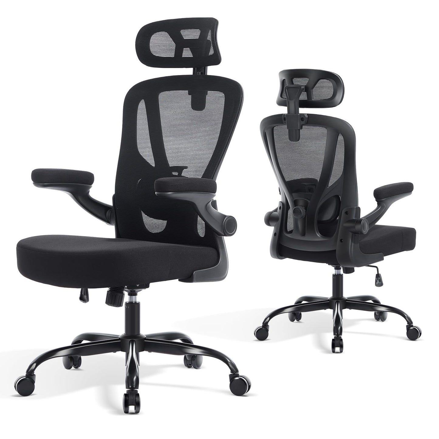 shipborne Office Chair Ergonomic Office Chair with Lumbar Support, Head Support, Rocking Function, FILP-up Armrests, Mesh High Back Chair Home Office Desk Chair, Suitable for Home, Office, Black