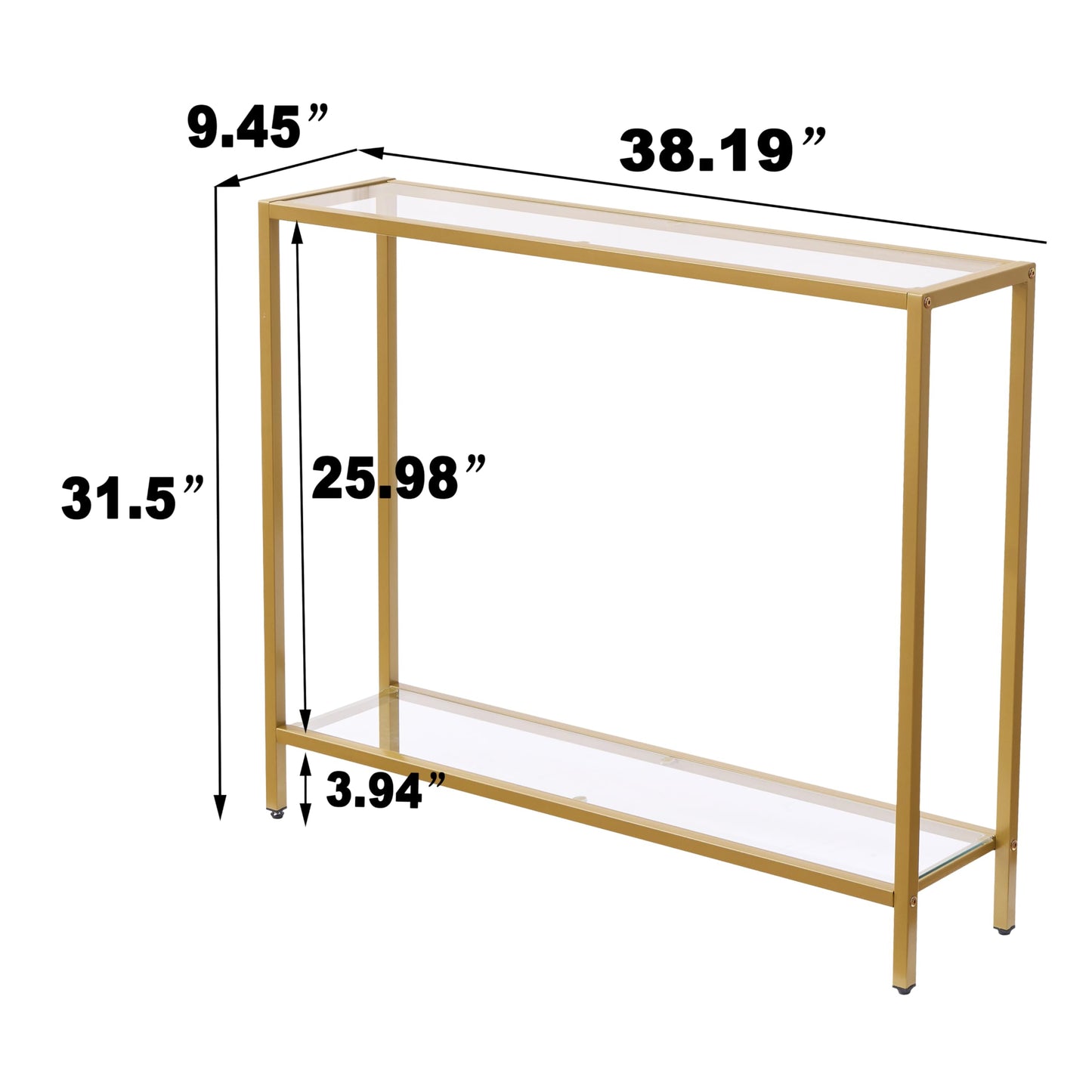 MAJARO Small Modern Console Table for Entryway, Tempered Glass with Metal Frame Sofa Table for Living Room, Hallway, Office (Double-Layer, Gold)