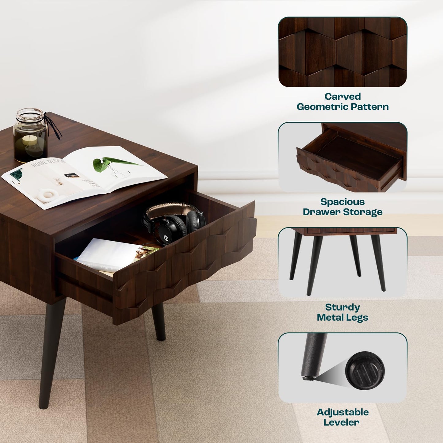 Bme Georgina Solid Wood Mid-Century Modern Side Table with Drawer – Fully Assembled Bedside Table with Rustic Geometric Pattern for Living Room or Bedroom