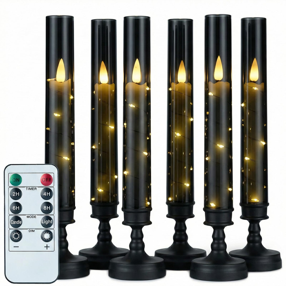 Prerish 6PCS Flameless Candles with Timer, Flickering Fake Electric LED Candles for Romantic Ambiance, Battery Operated Candles, Centerpiece Table Decorations, Wedding, Halloween, Christmas (Black)
