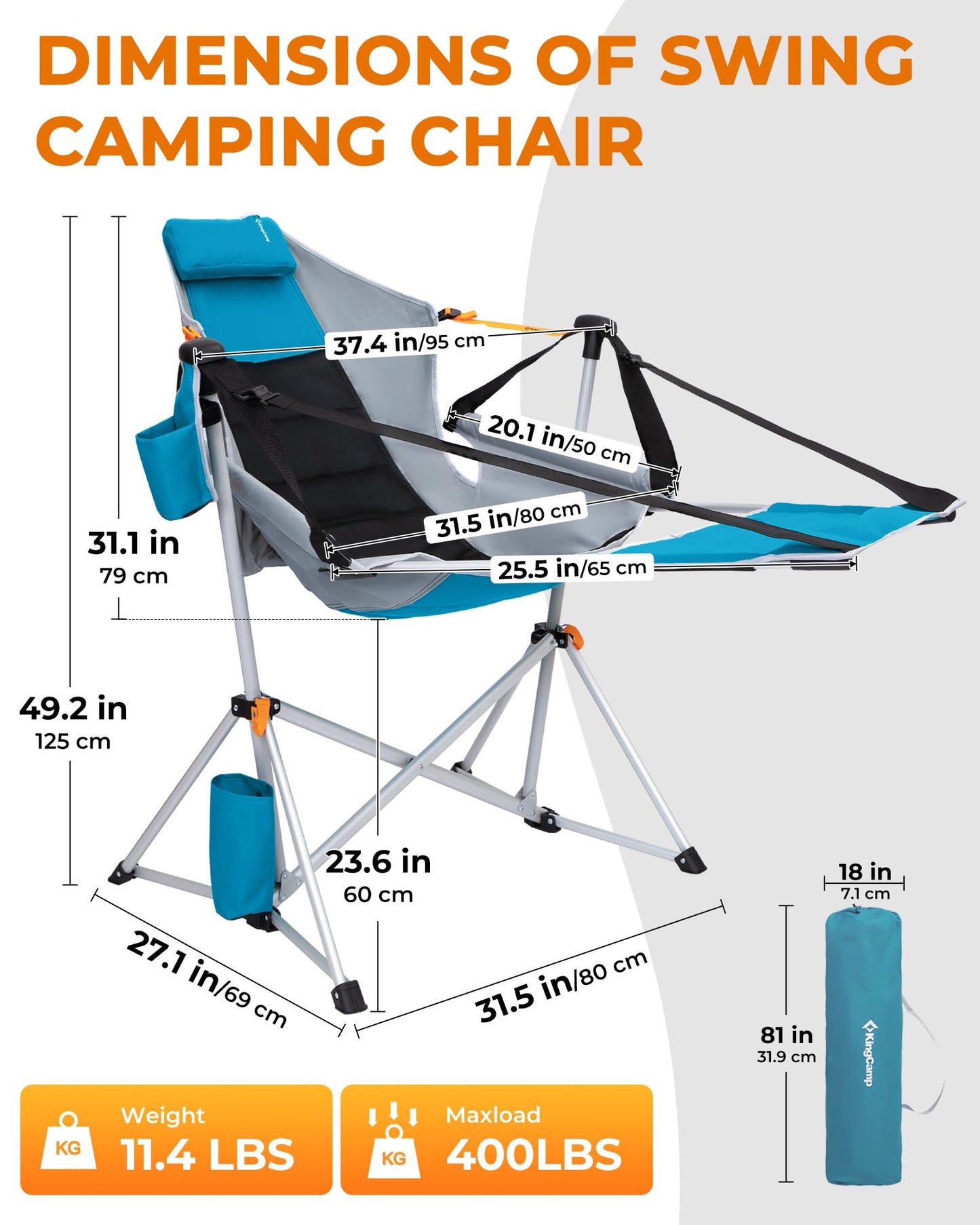 KingCamp 2 Pack Hammock Chairs with Footrest, Heavy Duty Swinging Rocking Camping Chairs for Adults 400lbs, Folding Portable Oversized Rocker with Cup Holder & Pillow for Outdoor Beach Lawn RV Sports
