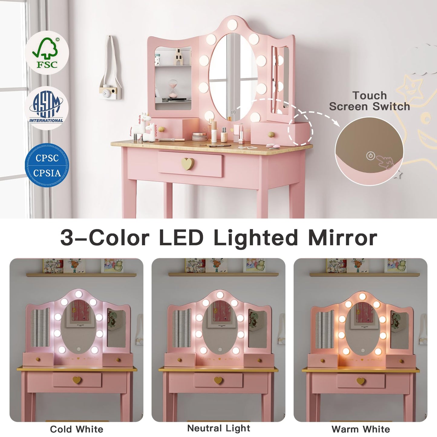 labebe Kids Vanity, Girls Vanity Desk with LED Changing Lights, Pretend Play Princess Vanity Set, Wooden Toddler Makeup Desk Dressing Table with Drawer and Chair (Pink)