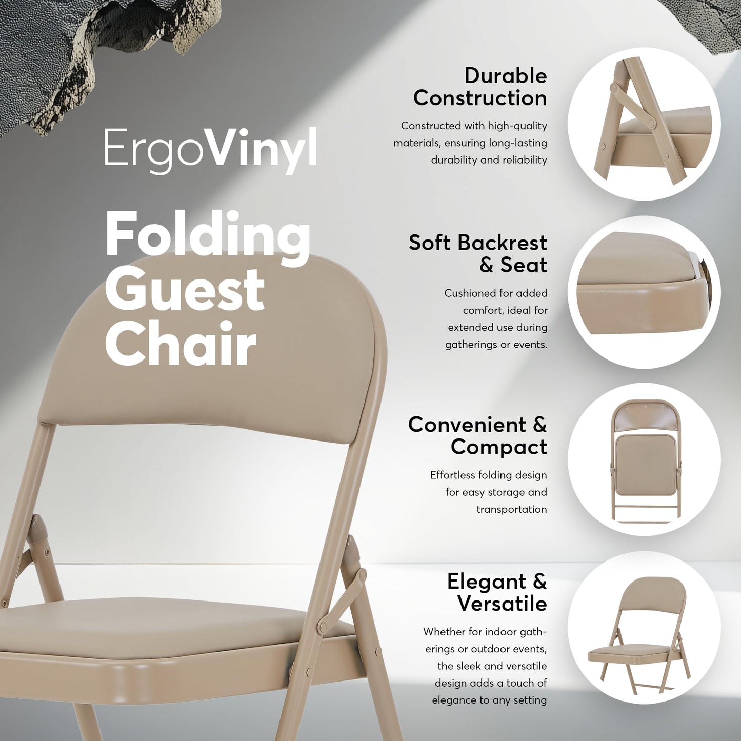 Oline Vinyl Folding Chairs, Padded Vinyl Cushion Chairs with Durable Metal Frame, Indoor Outdoor Stackable Foldable Guest Chairs for Office Wedding Kitchen Dining, 330lb Capacity (Khaki, 6 Pack)