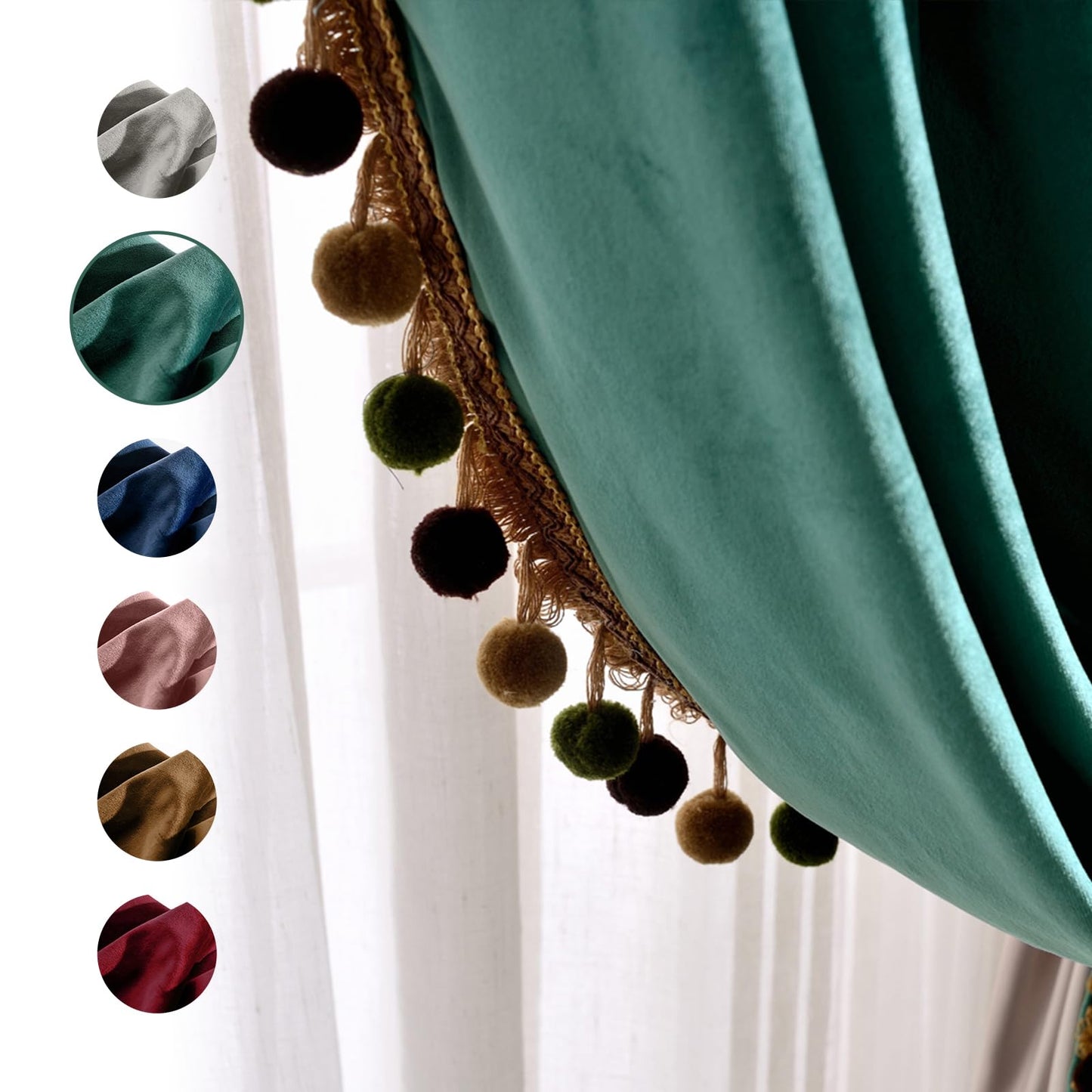 Melodieux Pom Poms Velvet Blackout Curtains for Bedroom Living Room, Vintage Luxury Thermal Insulated Rod Pocket Lined Drapes, 52" W x 84" L, Antique Green (2 Panels)