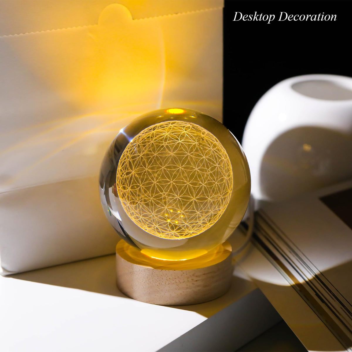 Arikyrist 3D Engraved Flower of Life Crystal Ball, Laser Engraved Grid Flower of Life Sphere Home Decoration, Crystal Engraved Sacred Geometry Glass Sphere Paperweight Ornaments Gifts for Men Women