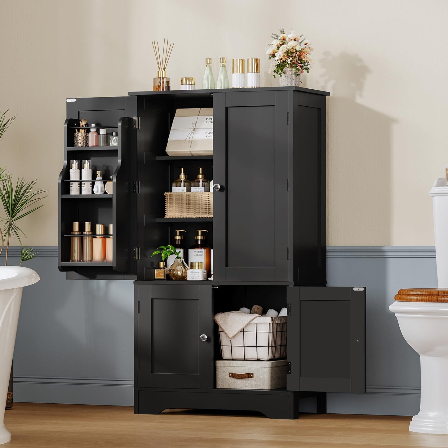 TEENFON Storage Cabinet with 4 Doors, Kitchen Cabinet with 6 Door Shelves, Kitchen Pantry for Living Room, Dining Room, Bathroom, Black