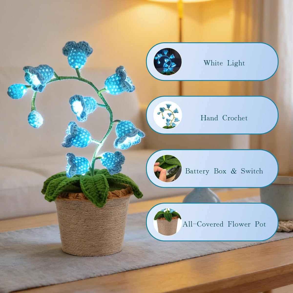 AVEKI Lily of Valley Lamp, Handmade Crochet Artificial Flower Lamp with Warm Light, Cute Desk Lamp for Bedroom, Battery Power Decor LED Night Light, Gift for Mom Daughter Girlfriend (Warm) (Blue)