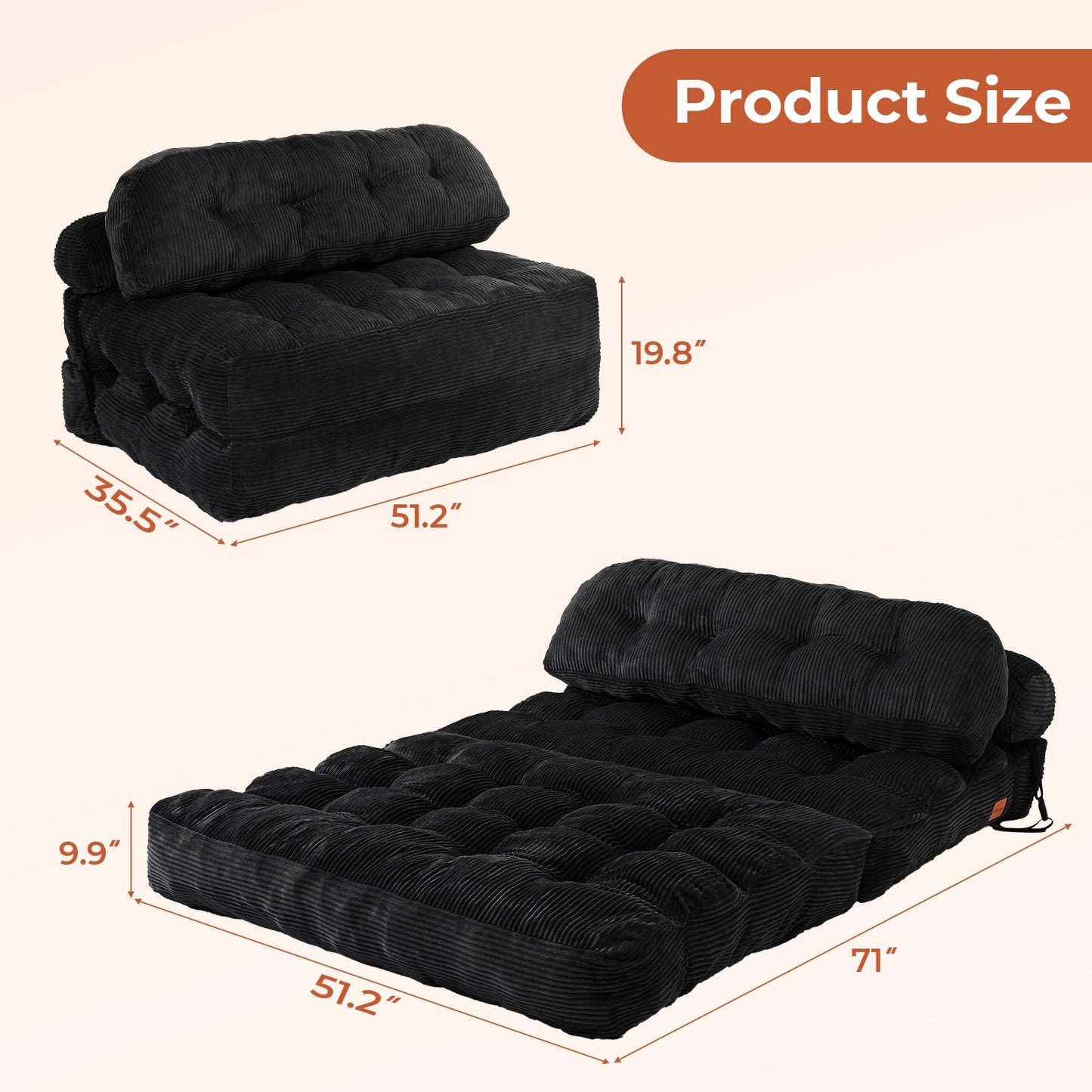 Vellorise Folding Sofa Bed, Convertible Sleeper Chair with Back Support and Pillow Futon, Boneless Matress, for Living Room/Guest Use/Home Office, Foldable Chair Bed for Adults, Black, Full