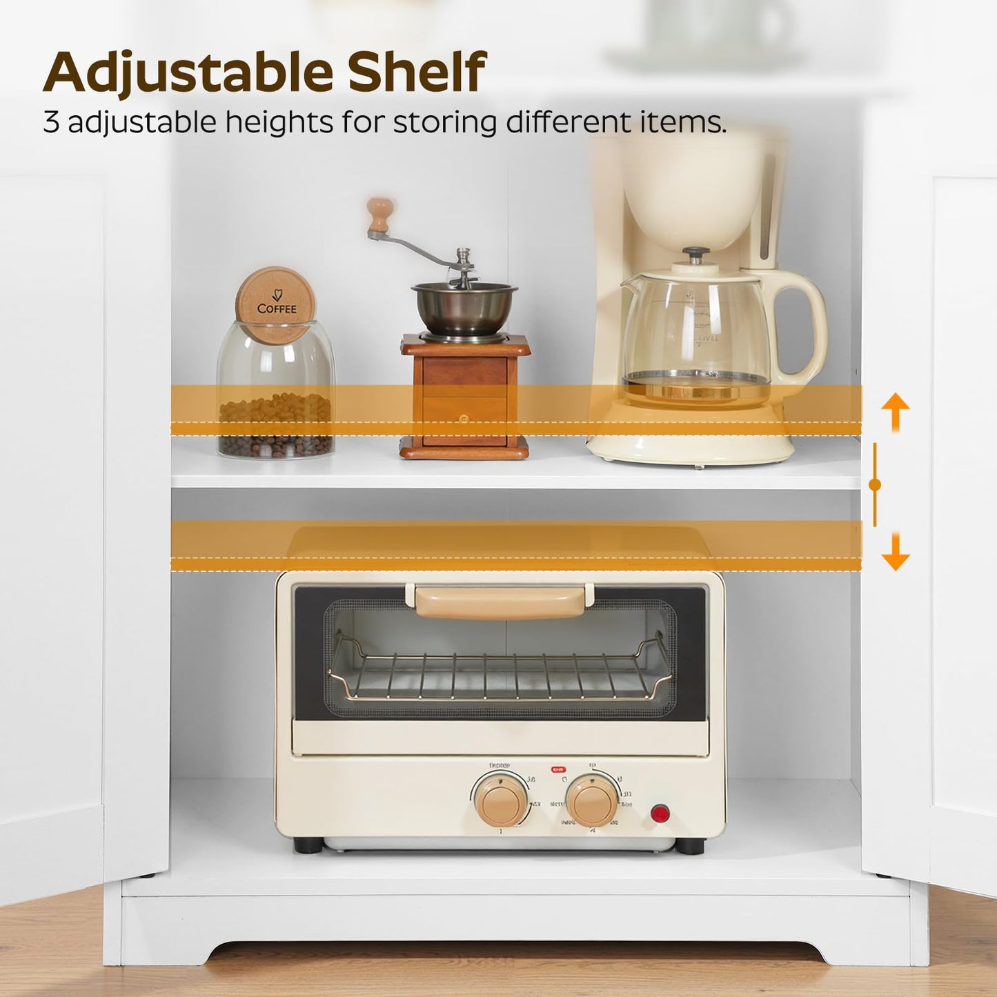 YATINEY Coffee Bar Cabinet, Kitchen Island with Storage, Farmhouse Sideboard Buffet Cabinet with Dual-Purpose Floating Shelf and Hooks, for Kitchen, Restaurant, Living Room, White KF22WT