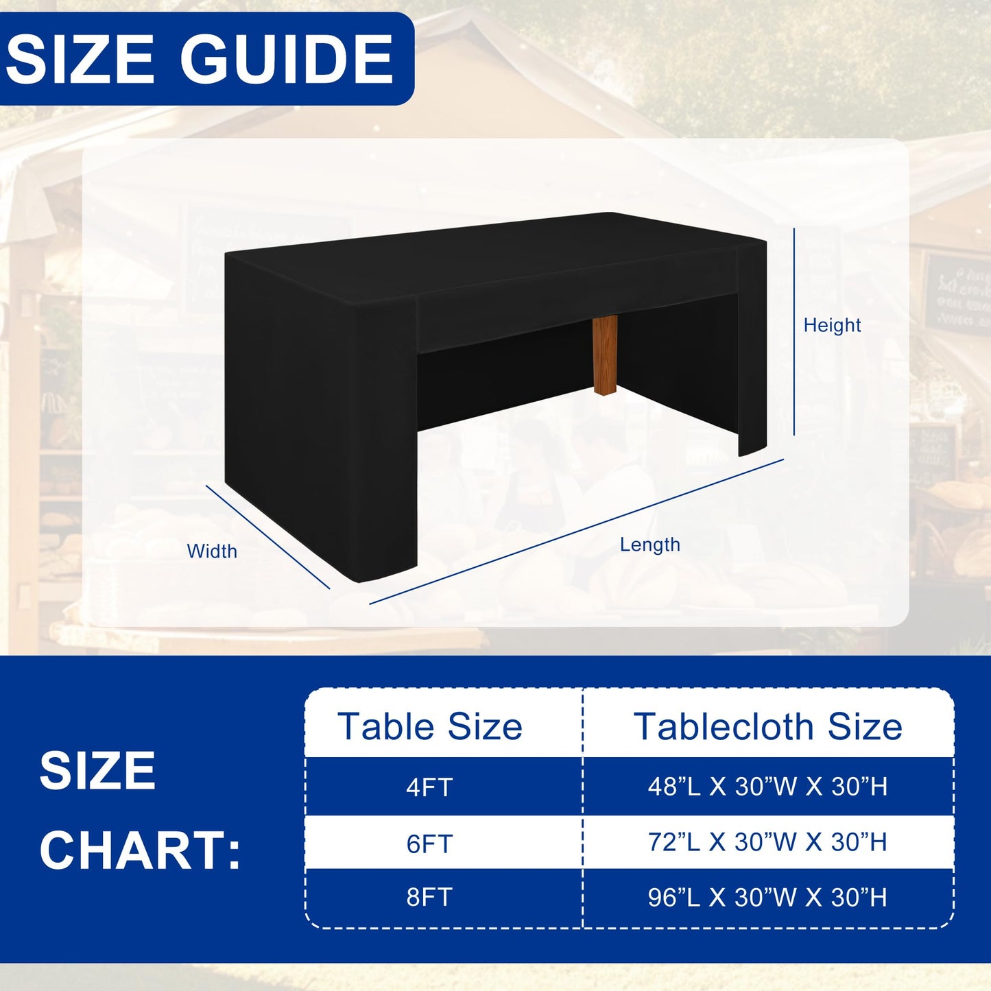 Hiasan Fitted Black 8ft Rectangle Table Cover Open Back Tablecloth Waterproof Stain Resistant Tablecover Table Toppers for Hotel Receptions, Vendor, Book Fair,Convention (Black,1 Pack)