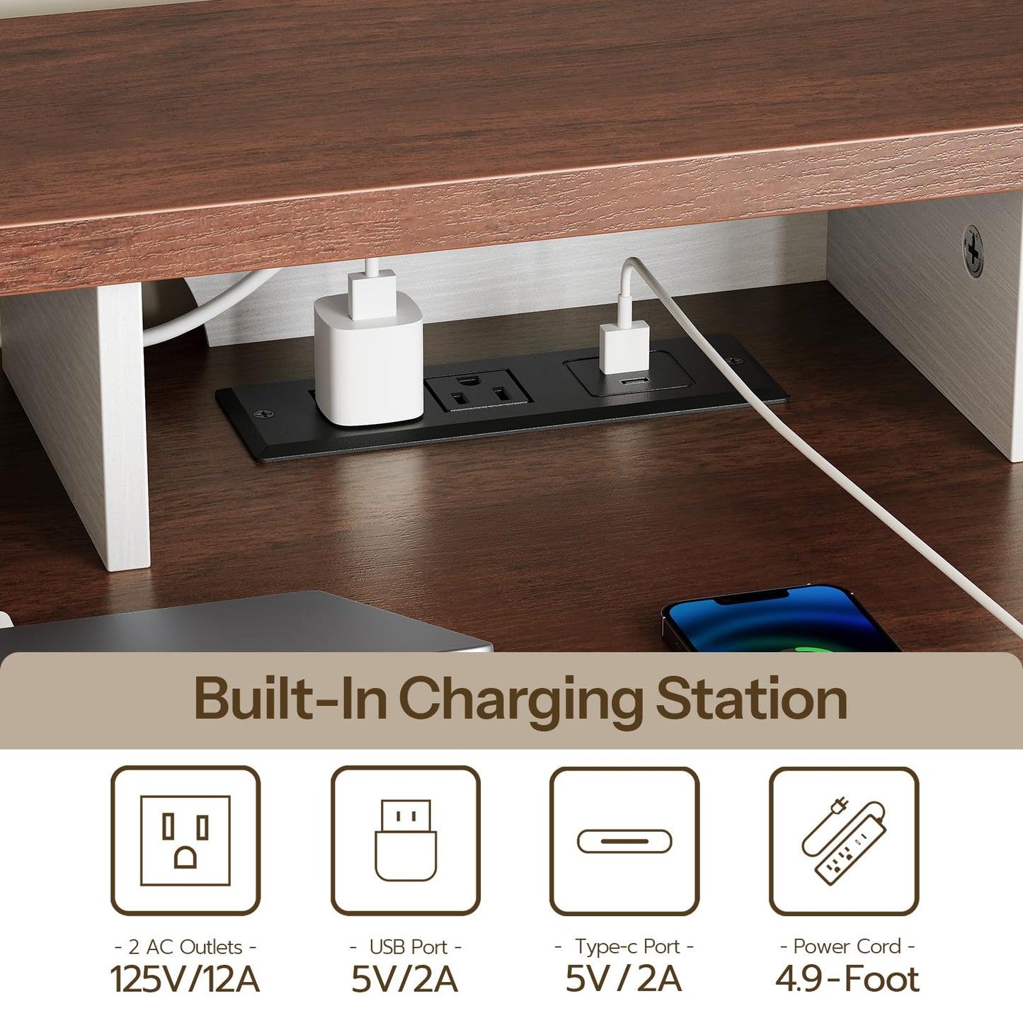 HOOBRO Farmhouse Executive Desk, Computer Desk with Charging Station, Office Desk with Monitor Stand & Adjustable Shelf, Small Desk for Small Space, Study, Living Room, White and Walnut WH85UDN01