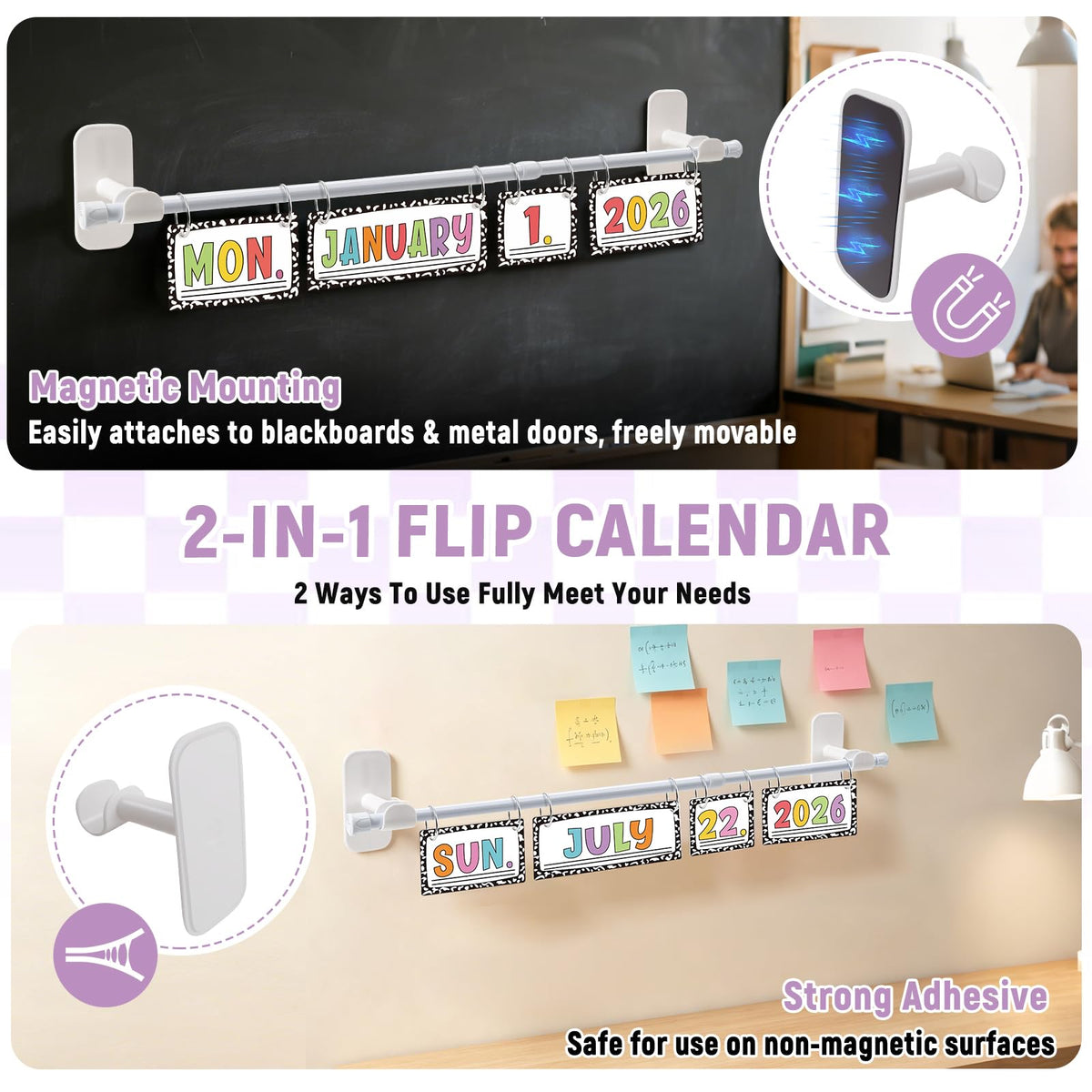 Upgraded 2-in-1 Flip Calendar for Classroom with Magnetic & Adhesive Fixing, Adjustable Magnetic Rod Flip Calendar for Whiteboard, Black and White Classroom Decor Bulletin Board Set (Speckled)